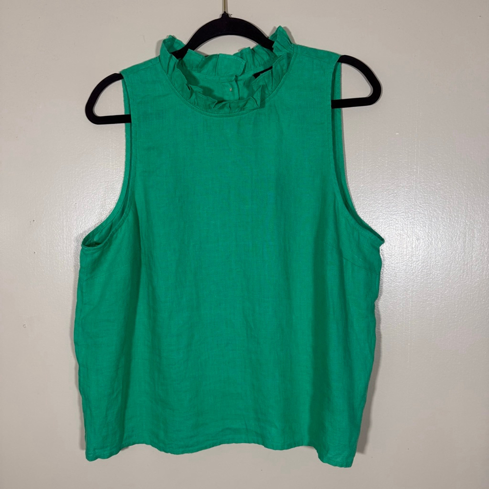 J.CREW Linen Ruffle Neck Sleeveless Blouse Classic Preppy Green Large